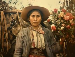 vieux coloré photographier de une mexicain femme de le de bonne heure années 1900 ai génératif photo