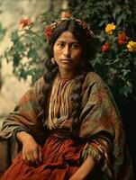 vieux coloré photographier de une mexicain femme de le de bonne heure années 1900 ai génératif photo