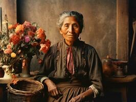 vieux coloré photographier de une mexicain femme de le de bonne heure années 1900 ai génératif photo