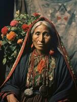 vieux coloré photographier de une mexicain femme de le de bonne heure années 1900 ai génératif photo