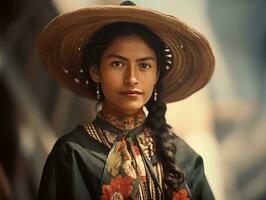 vieux coloré photographier de une mexicain femme de le de bonne heure années 1900 ai génératif photo