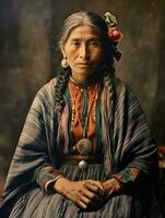 vieux coloré photographier de une mexicain femme de le de bonne heure années 1900 ai génératif photo