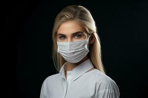 une femme dans une blanc chemise est portant une chirurgical masque génératif ai photo