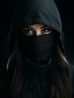 une femme portant une noir sweat à capuche et noir visage masque génératif ai photo