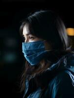 une femme portant une bleu chirurgical masque génératif ai photo
