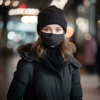 une femme portant une visage masque dans un Urbain zone génératif ai photo