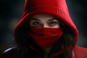 une femme portant une rouge sweat à capuche et une rouge visage masque génératif ai photo