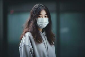 une femme portant une chirurgical masque génératif ai photo