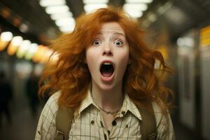 une femme avec un ouvert bouche dans une métro génératif ai photo