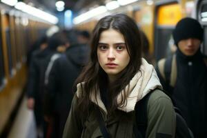 une Jeune femme permanent dans une métro station photo