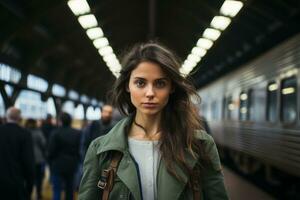 une Jeune femme permanent dans de face de une train photo