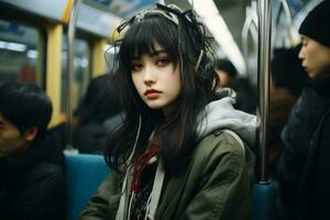un asiatique femme portant écouteurs sur une métro train génératif ai photo