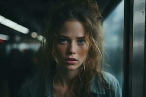 portrait de une Jeune femme dans une métro station génératif ai photo