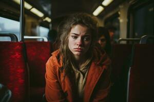 une femme séance sur une train avec sa yeux fermé photo