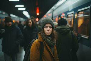 une femme permanent dans de face de une métro train photo