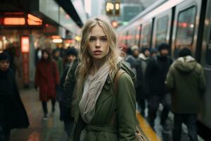 une femme permanent dans de face de une métro train photo