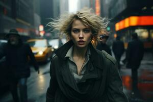 une femme en marchant vers le bas une ville rue dans le pluie photo