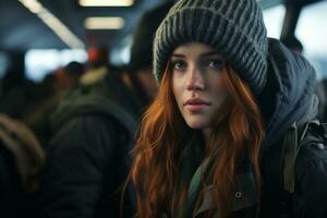 une femme avec rouge cheveux et une bonnet sur une train génératif ai photo