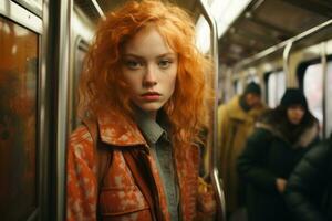 une femme avec rouge cheveux sur une métro train génératif ai photo
