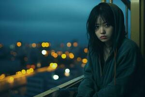 une Jeune femme dans une sweat à capuche séance sur une balcon à nuit génératif ai photo