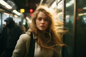 une Jeune femme est permanent dans de face de une métro train avec sa cheveux soufflant dans le vent génératif ai photo