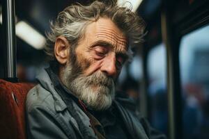 un vieux homme avec une barbe séance sur une autobus photo