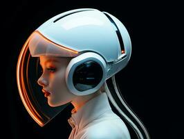 une femme dans une futuriste casque avec néon lumières génératif ai photo