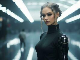 une femme dans une futuriste tenue permanent dans une foncé pièce génératif ai photo