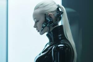 une femme dans une futuriste costume avec longue cheveux génératif ai photo