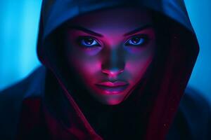 une femme dans une sweat à capuche avec bleu yeux photo