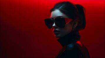 une femme portant des lunettes de soleil dans de face de une rouge lumière génératif ai photo