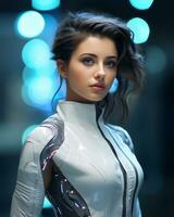 une magnifique femme dans une futuriste costume génératif ai photo