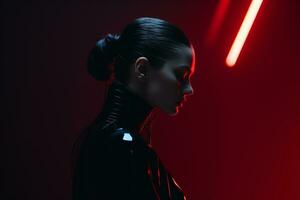 une femme dans une noir costume avec rouge lumières dans le Contexte génératif ai photo