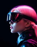 une femme dans une futuriste casque avec rose cheveux génératif ai photo