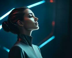 une femme dans une futuriste tenue avec néon lumières génératif ai photo