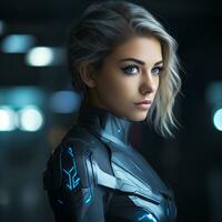 une femme dans une futuriste costume avec bleu yeux génératif ai photo