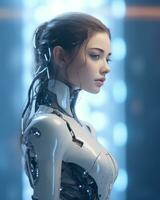 une femme dans une futuriste costume des stands dans de face de une bleu Contexte génératif ai photo