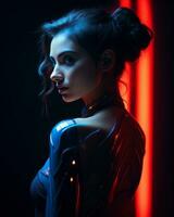 une femme dans une futuriste costume avec rouge lumière derrière sa génératif ai photo