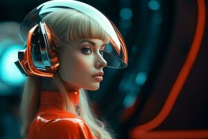 une femme dans un Orange costume avec une futuriste casque génératif ai photo