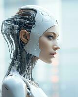 une femme avec une robot tête et corps dans de face de une bleu Contexte génératif ai photo