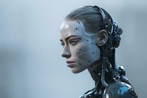 une femme avec une robot tête et corps dans de face de une gris Contexte génératif ai photo