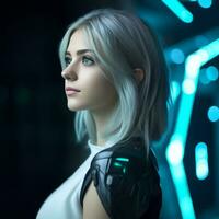 une femme avec blanc cheveux dans une futuriste réglage photo