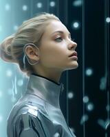 un image de une femme dans une futuriste costume photo