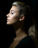 portrait de une magnifique Jeune femme avec longue blond cheveux sur une noir Contexte génératif ai photo