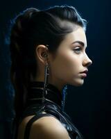 portrait de une Jeune femme avec longue tresses et des boucles d'oreilles génératif ai photo