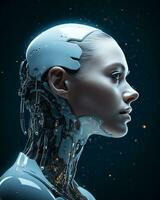 le visage de une femme dans une futuriste robot costume génératif ai photo