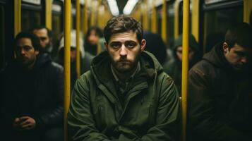 une homme séance sur une métro train avec autre gens dans le Contexte génératif ai photo