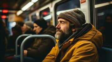 une homme avec une barbe et chapeau séance sur une train génératif ai photo