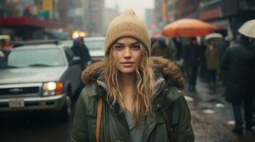 une femme dans une bonnet permanent dans le milieu de une ville rue génératif ai photo