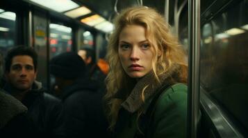 une femme dans une vert manteau séance sur une métro train génératif ai photo